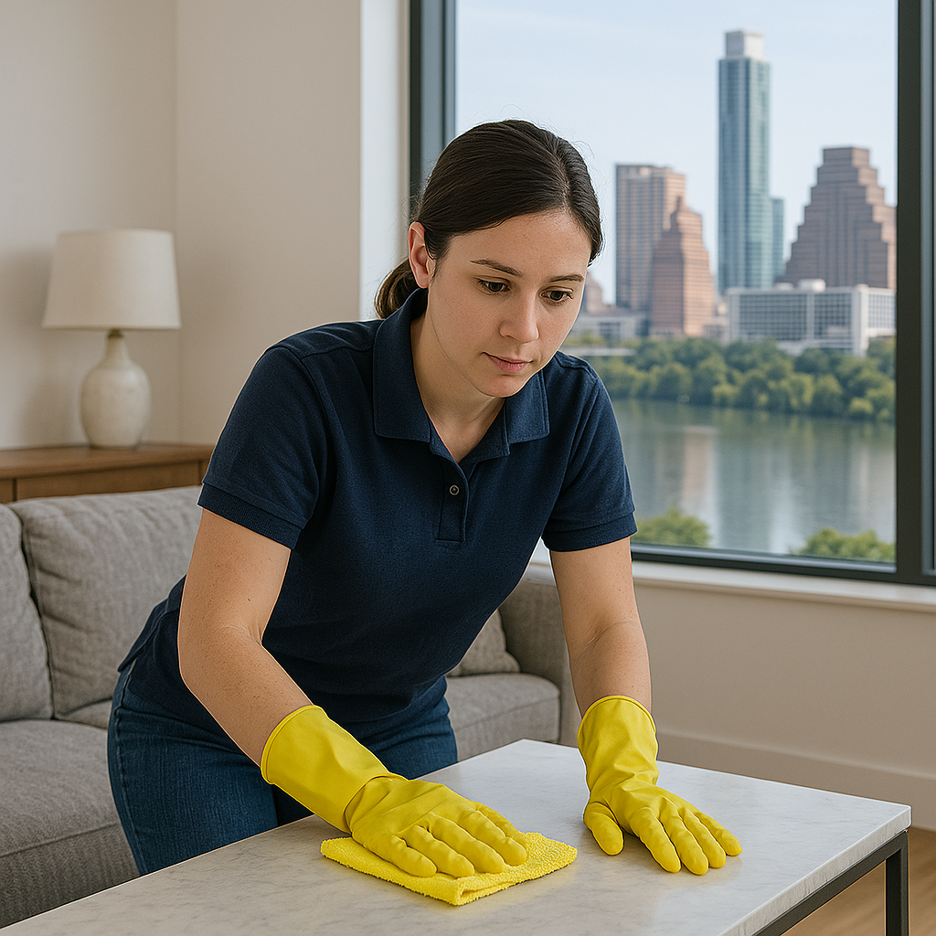 Professional cleaning service with Austin skyline view