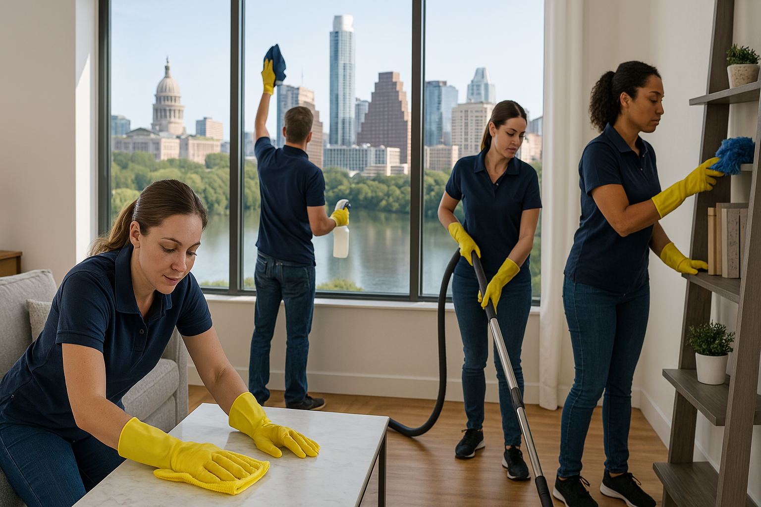 Professional cleaning team working with Austin skyline view